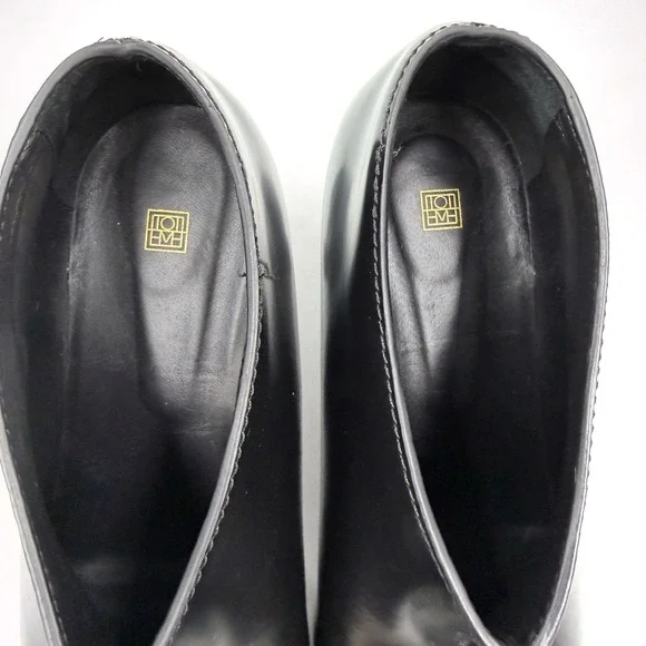 Toteme Wide Shaft Boots Black Leather Square Toe Kitten Heel Ankle Sz 37 / 7